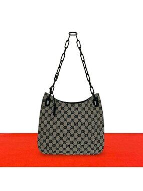 Gucci GG Logo Pattern Canvas Leather Chain Shoulder Bag Gray